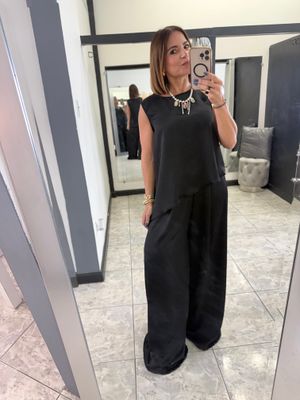 Baby Blue Or Black Asymmetric Top And Wide Leg Pants Set