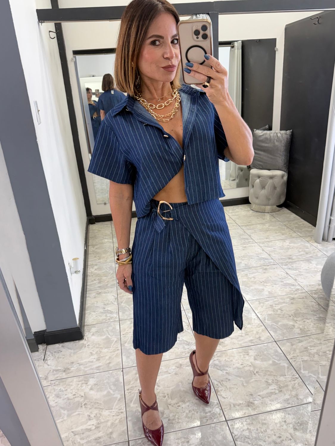 Denim Blue Striped Bermuda Short Set