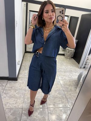 Denim Blue Striped Bermuda Short Set