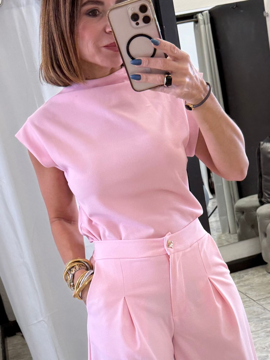Pink Mock Neck Short Sleeve Top