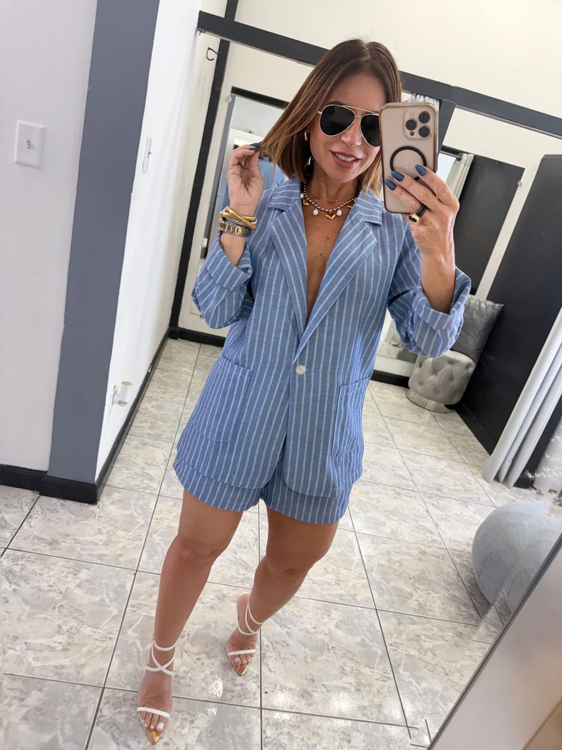 Lt. Denim Stripes Blazer And Short Set