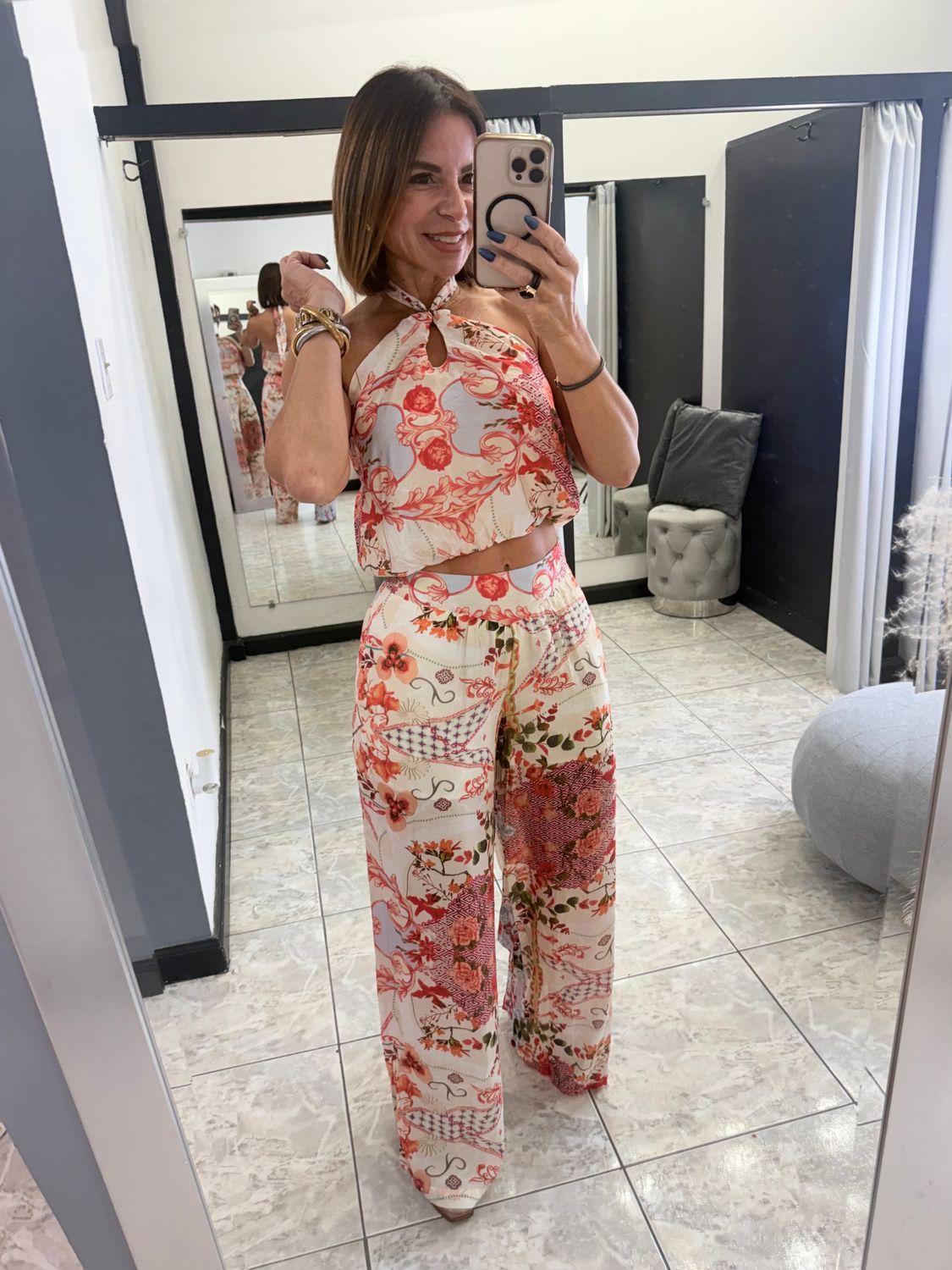 Orange Multi Halter Top And Pants Set