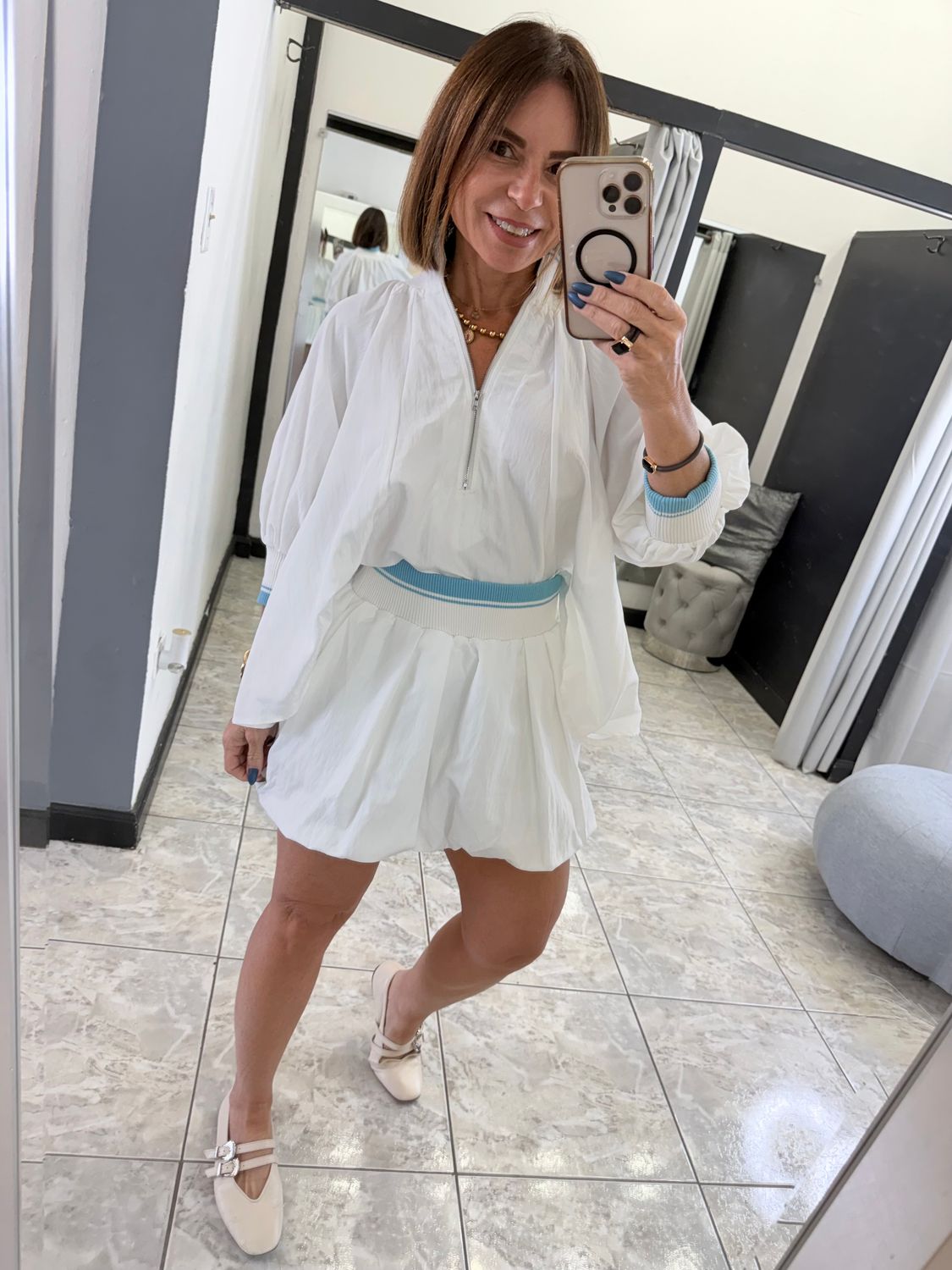 White Puff Sleeves Top and Bubble Skort