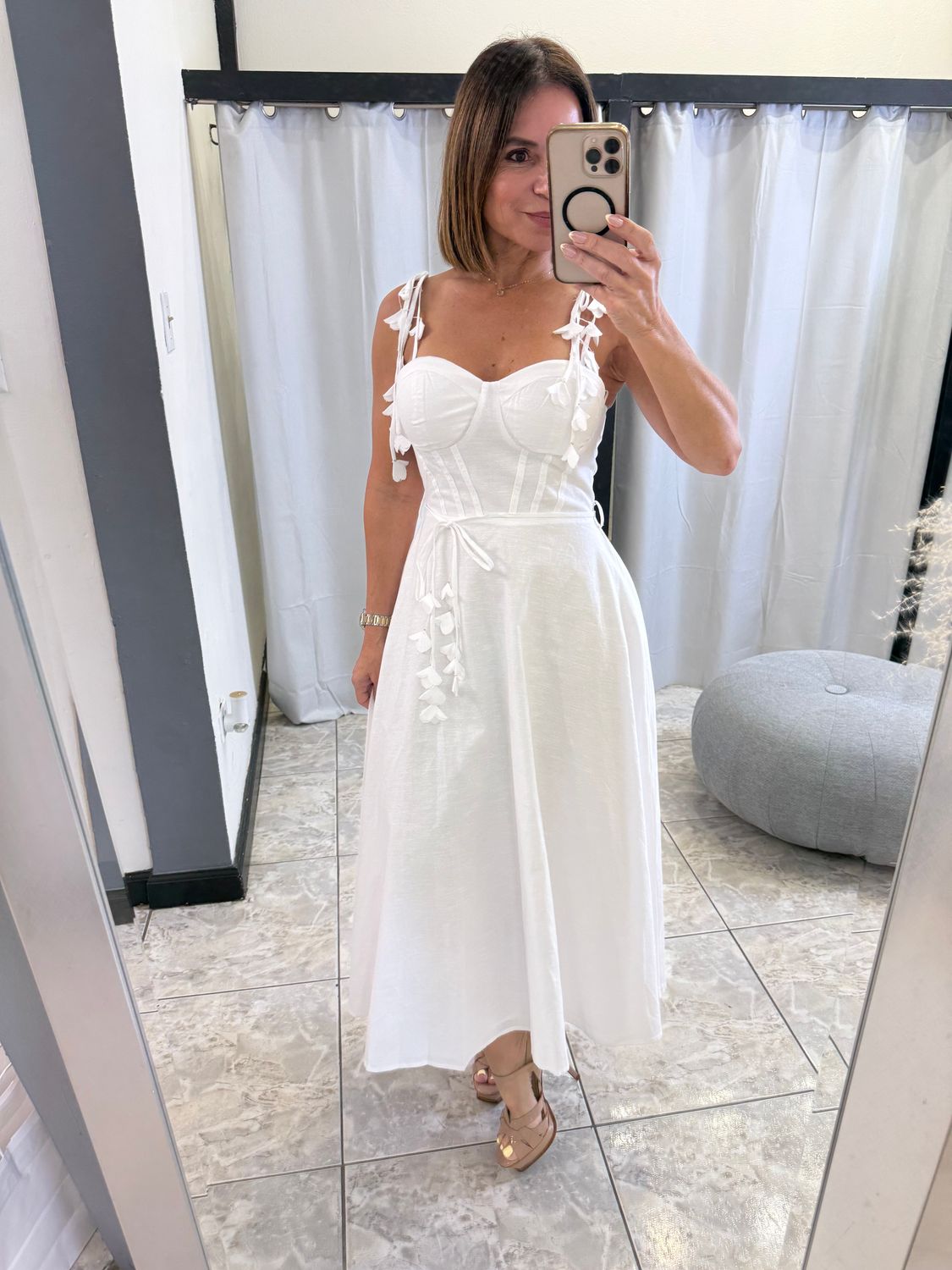 White Tie Shoulder Floral Trim Midi Dress