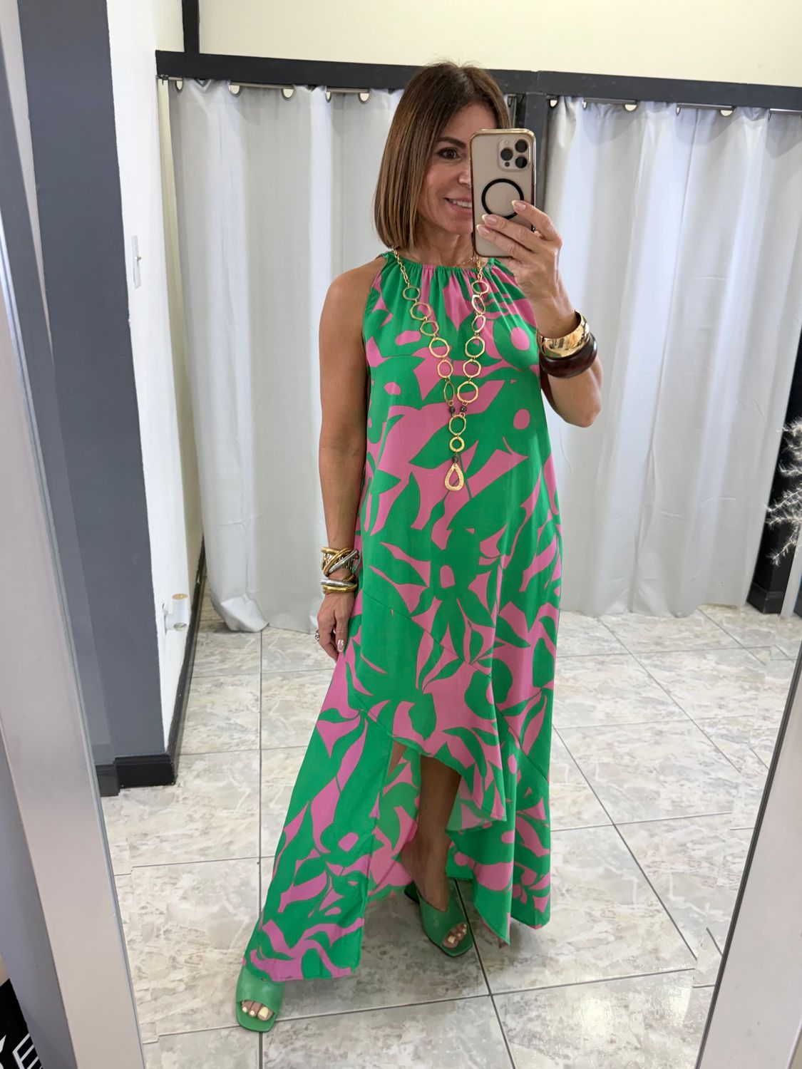 Green/pink Asymmetrical Front Maxi Dress