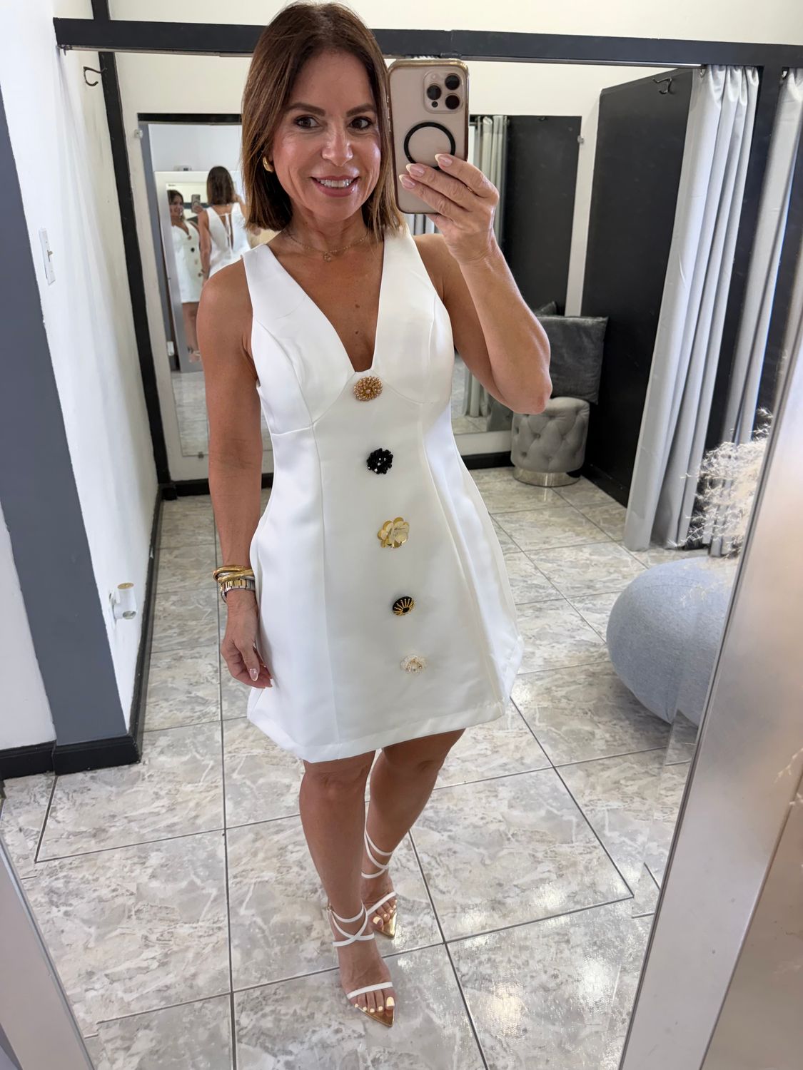 White Button Details Mini Dress