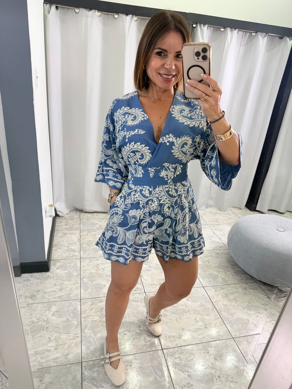Denim Blue Floral Embroidered 3/4 Sleeves Romper