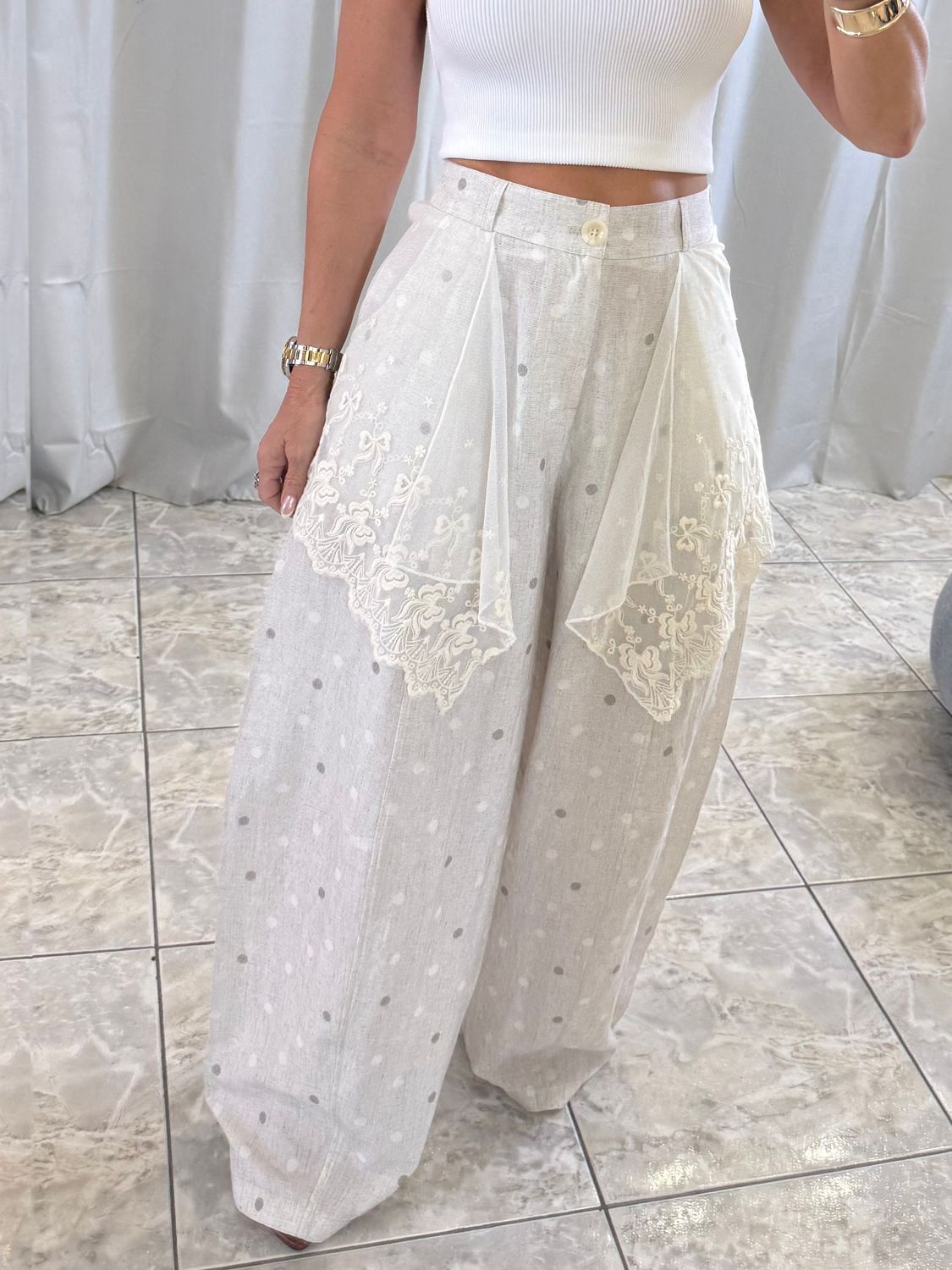 Beige Lace Detail Elastic Waist Pants