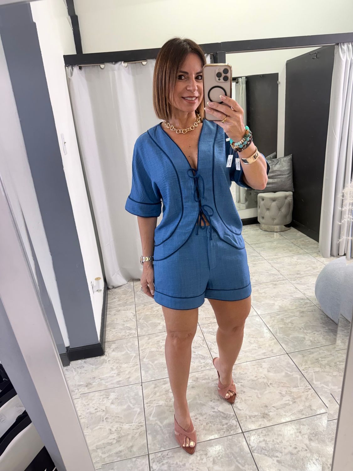 Denim Front Tie Top With Shorts Set