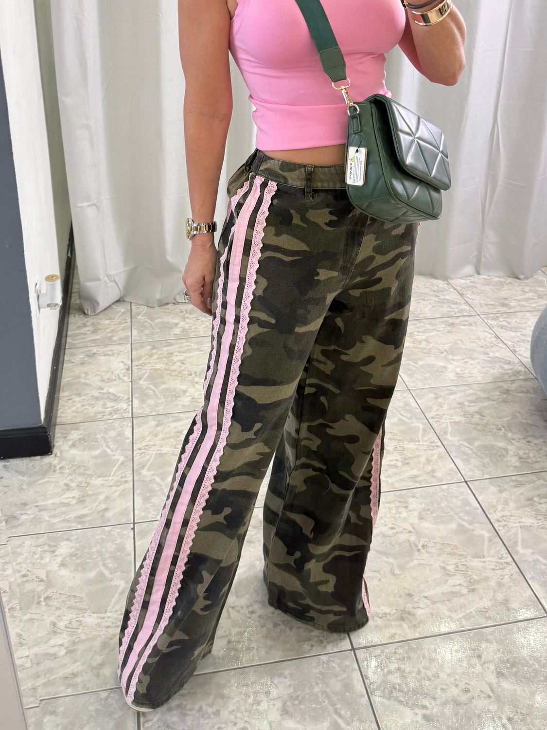 Washed Camo Pants With Pink Lace Trim On The Side