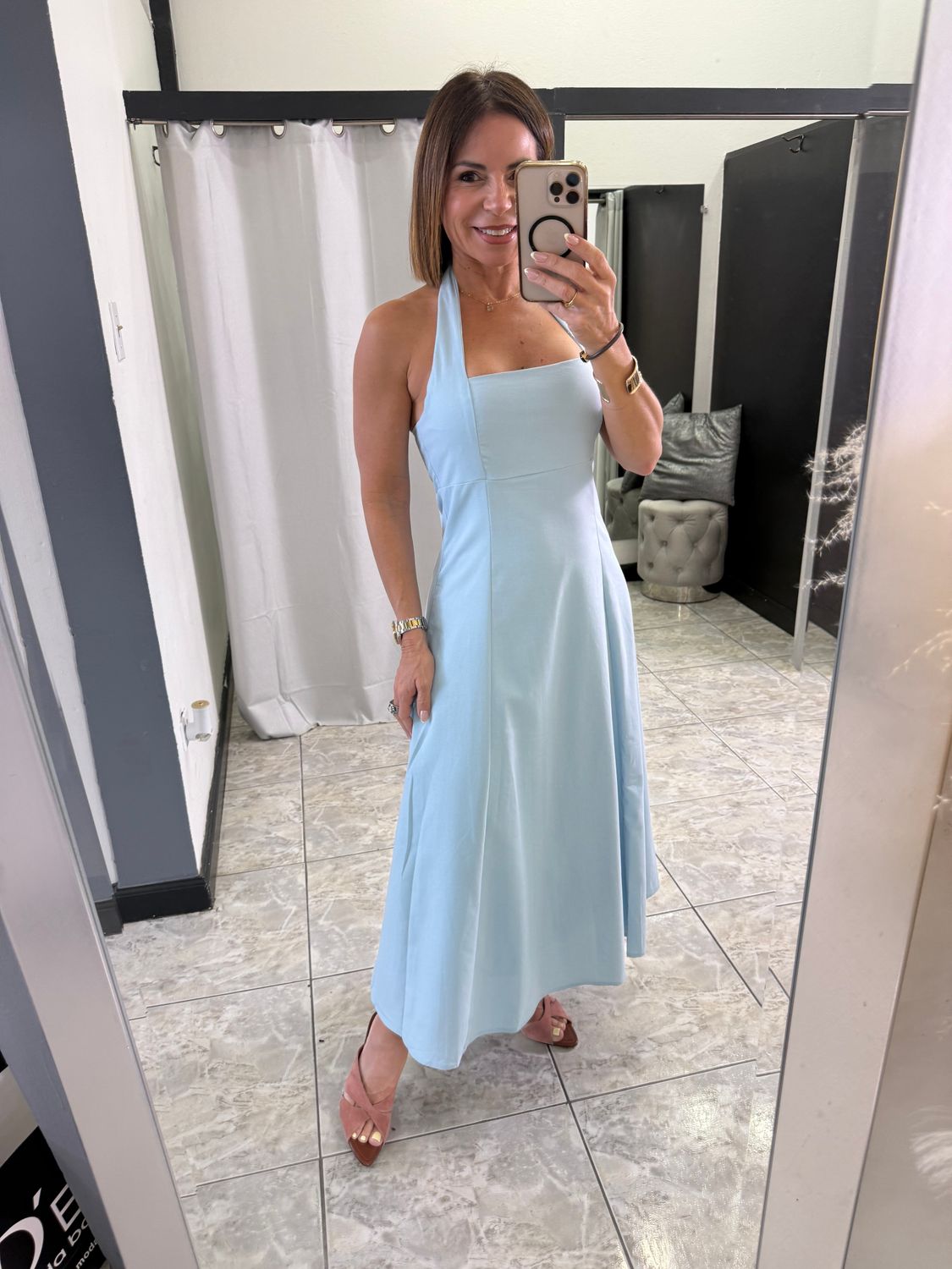 Baby Blue Halter Back Smocked Midi Dress