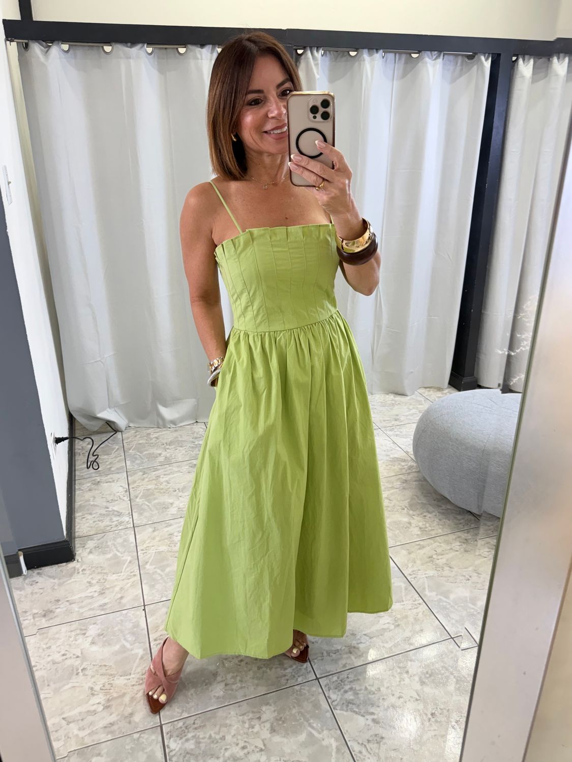 Green Lace Back Strap Midi Dress