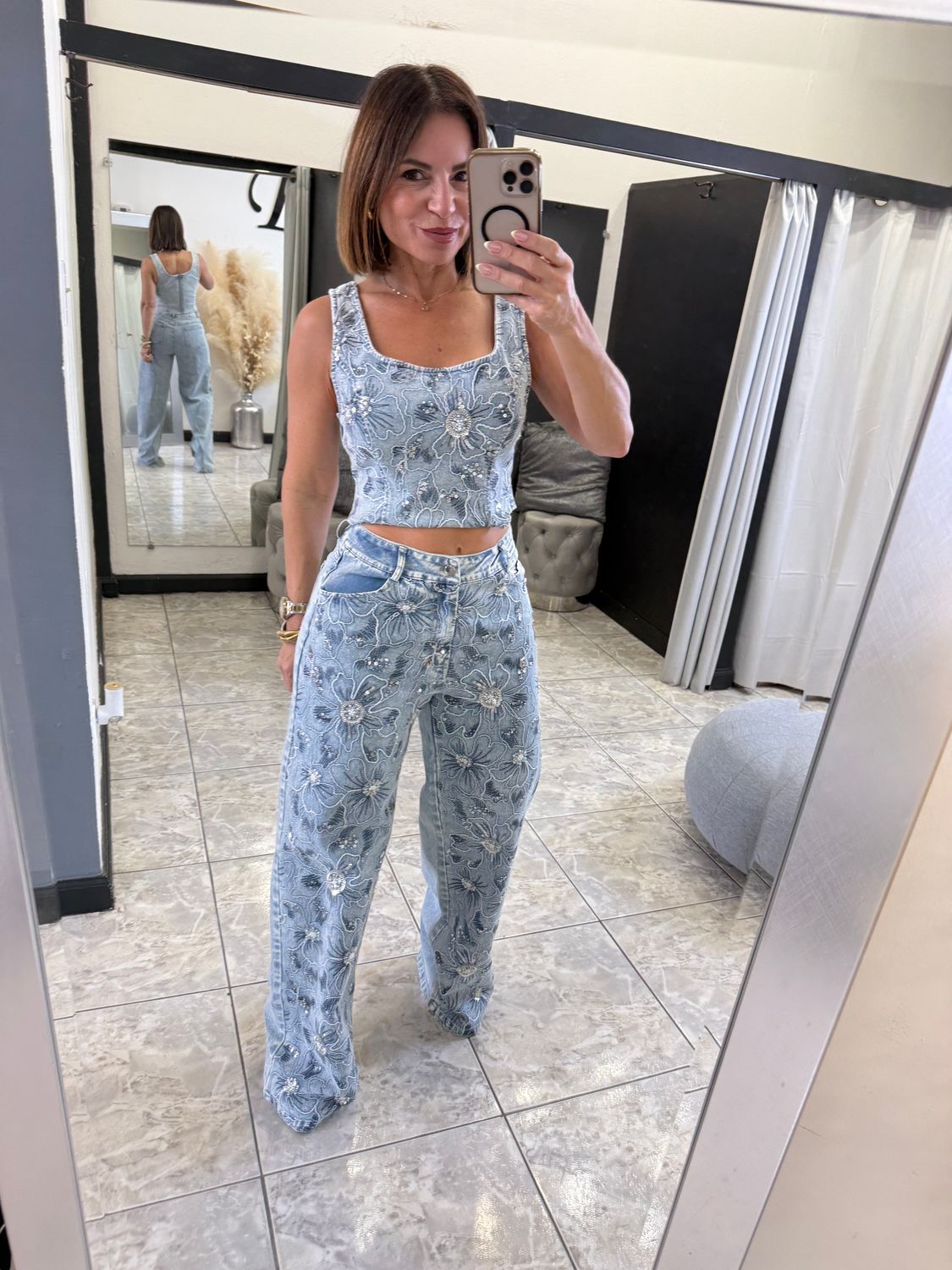 Lt Denim Embroidery Floral Set