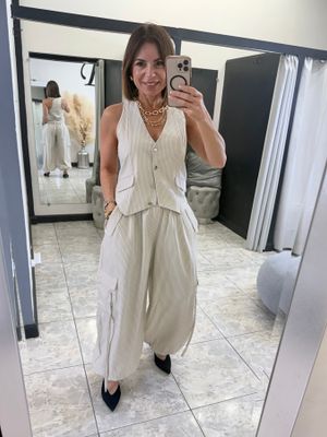 Off white Striped Vest With Cargo Pants Set
