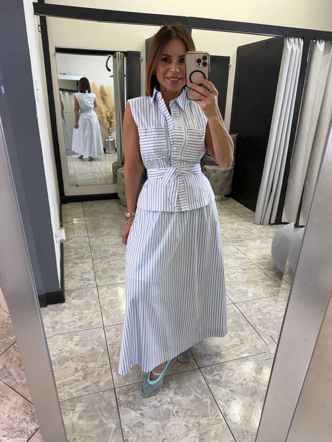 Baby Blue Striped Shirt Midi Dress