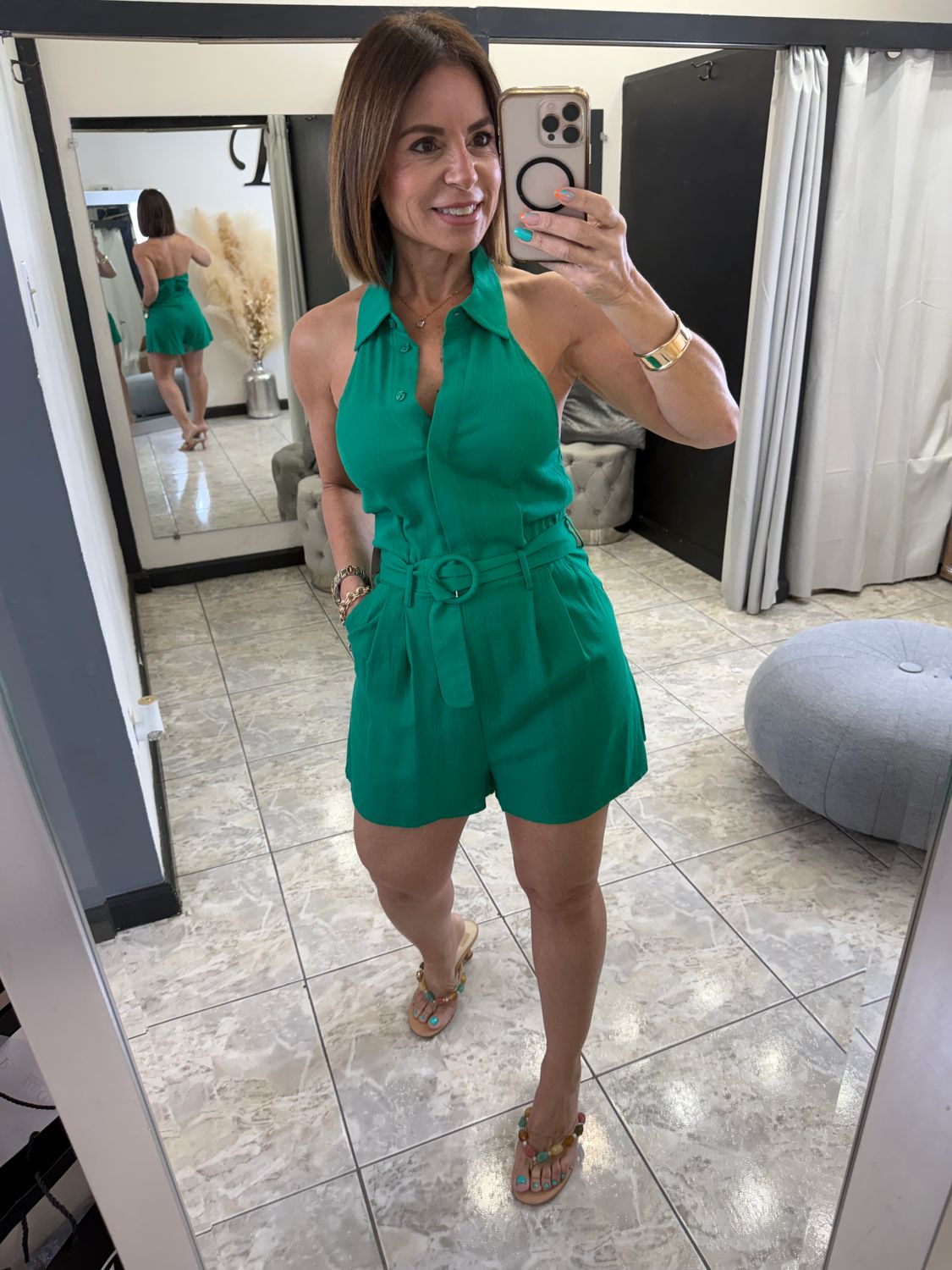 Green Linen Belted Romper