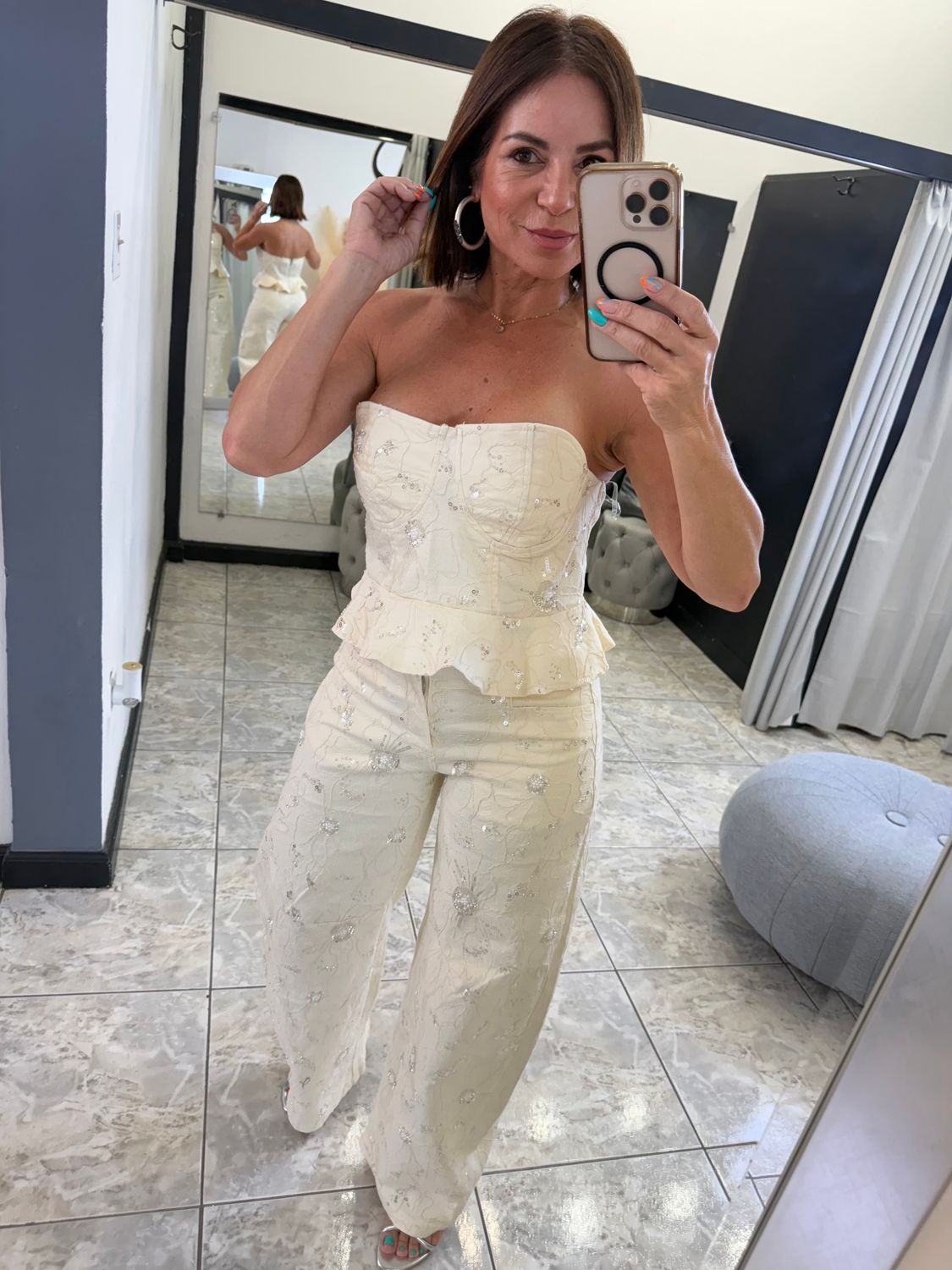 Beige Strapless Peplum Top And Pants Set