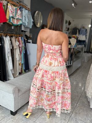 Pink/Cream Flower Midi Dress
