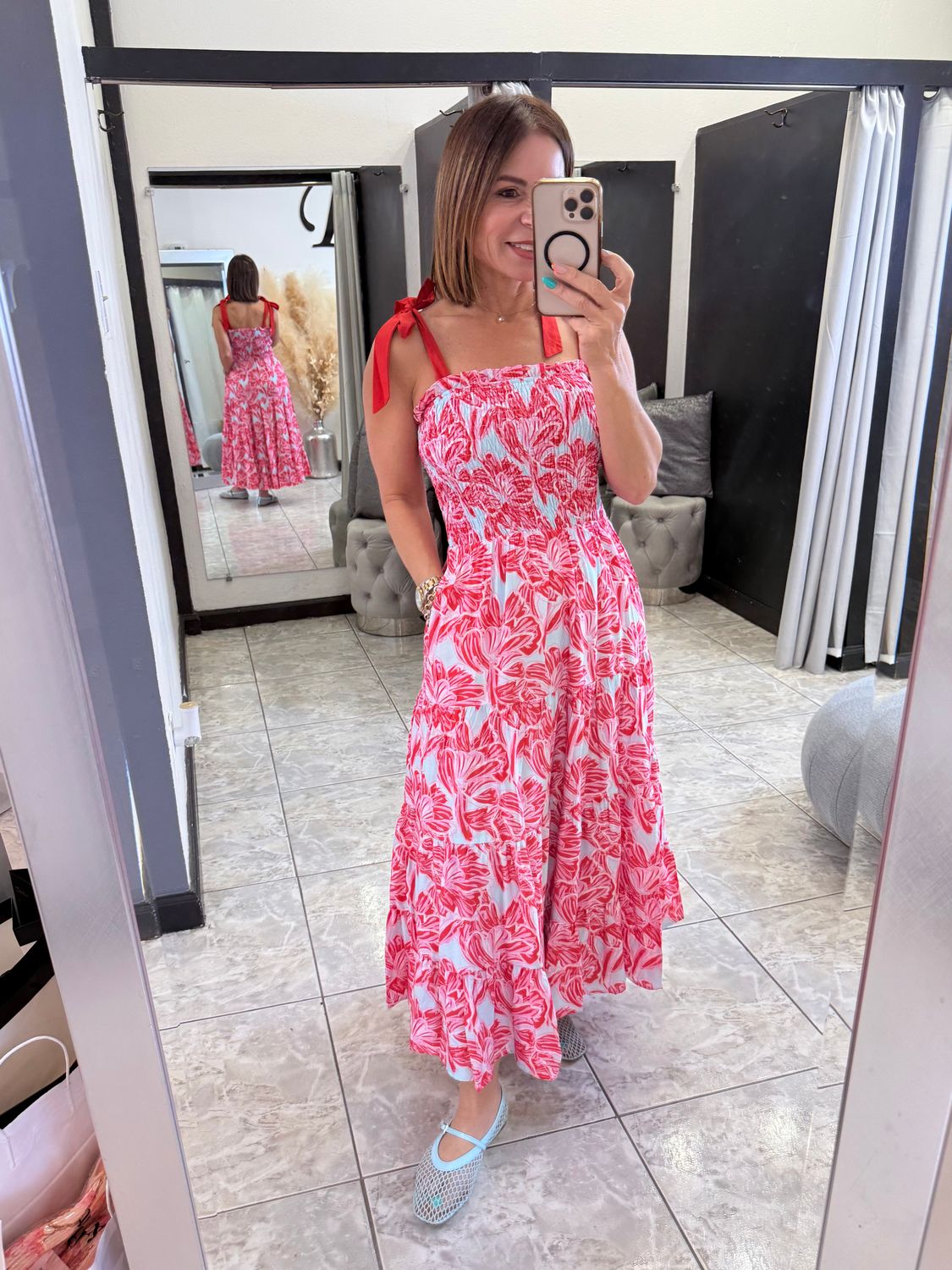 Red Floral Print Midi Dress