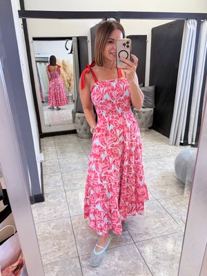 Red Floral Print Midi Dress