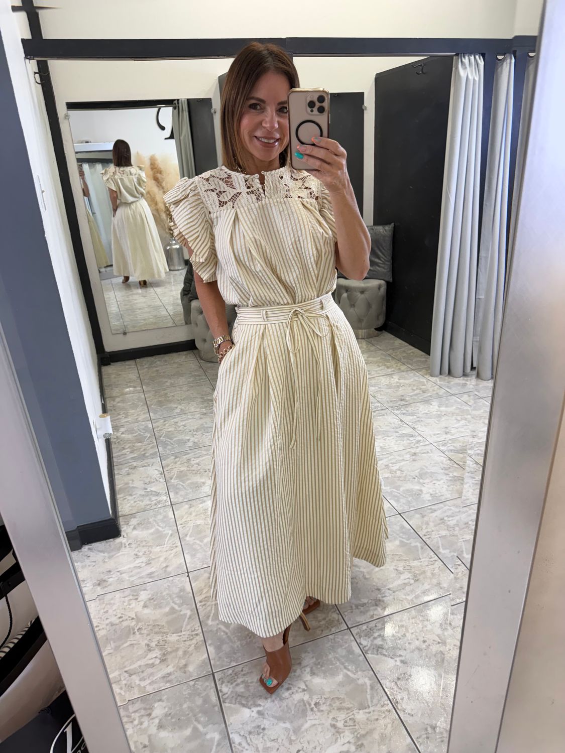 White/Taupe Stripes Skirt Set