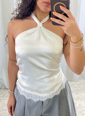 Choco, Banana or Ivory Satin Lace Top