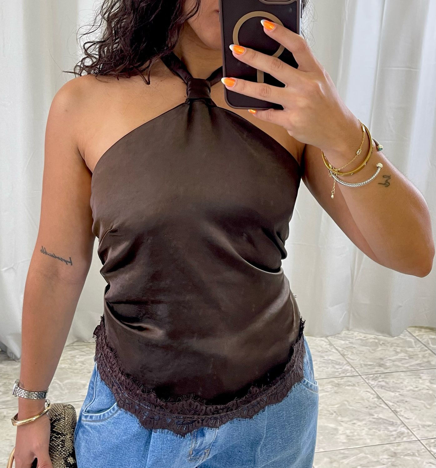 Choco, Banana or Ivory Satin Lace Top