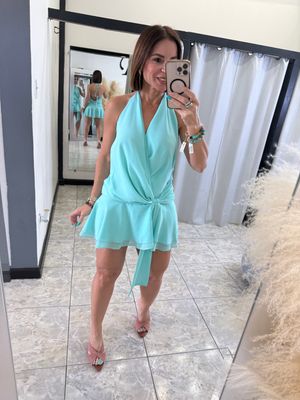 Turquoise or Ivory Bow Detail Mini Dress
