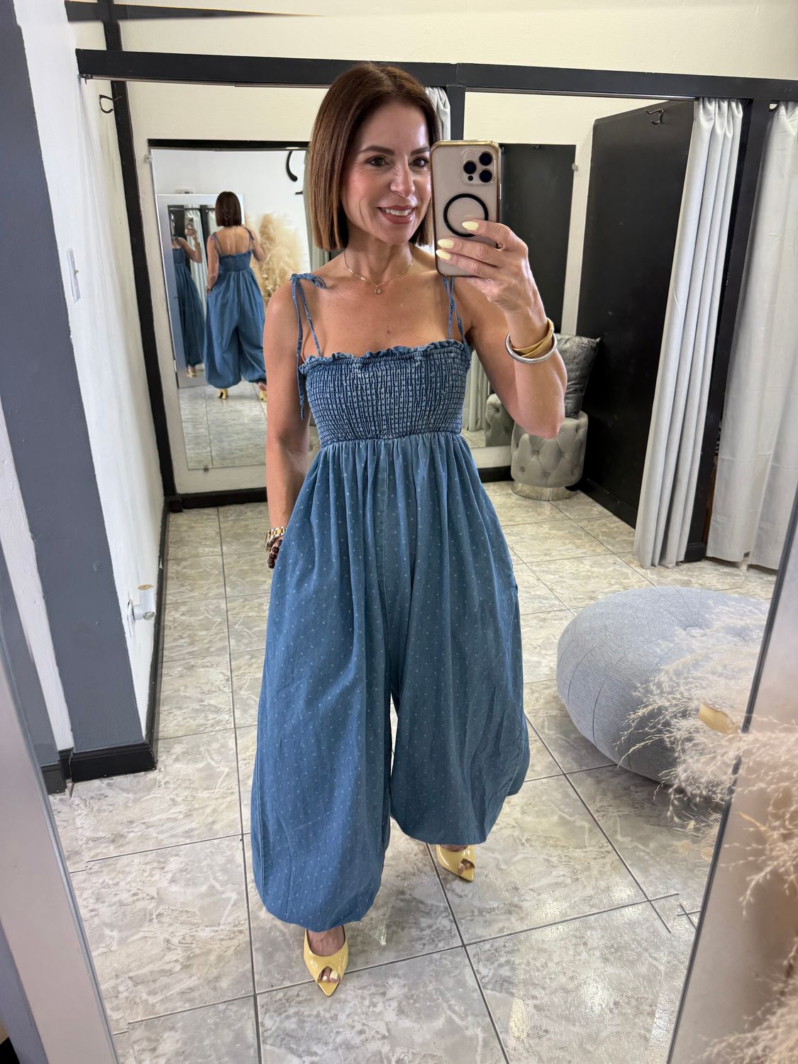 Denim Blue Polka Dots Shapeless Jumpsuit