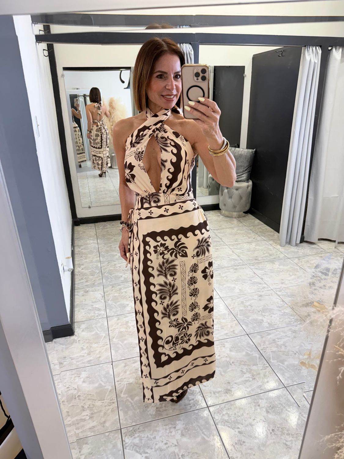 Brown Printed Halter Midi Dress