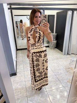 Brown Printed Halter Midi Dress