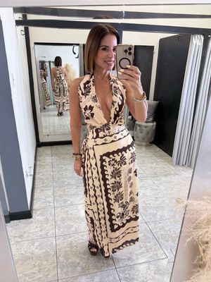 Brown Printed Halter Midi Dress