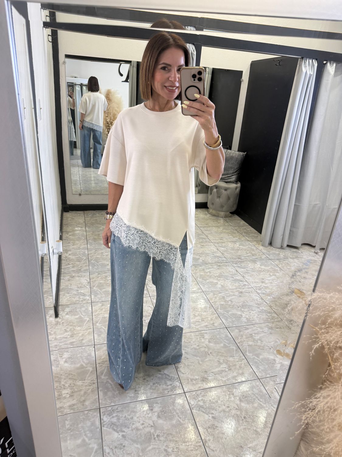 Ivory Taupe Lace Detail Top