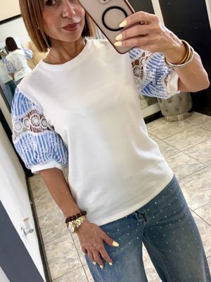 White Blue Eyelet Detail Top
