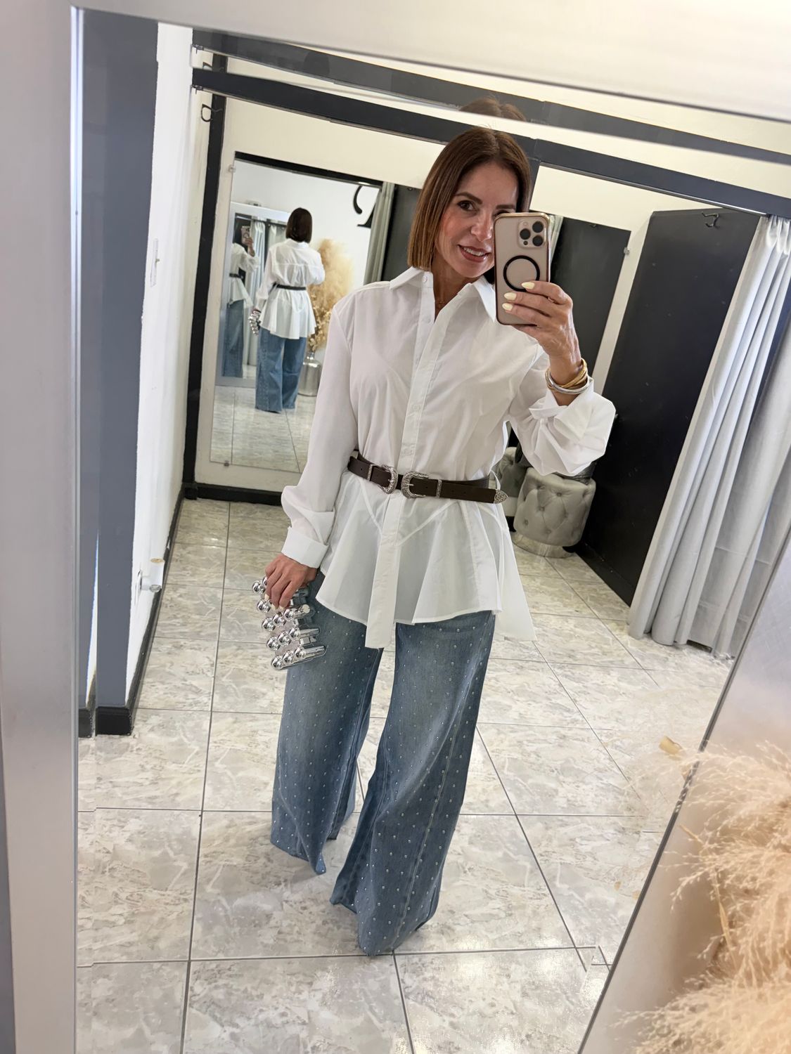 White Long Sleeve Belt Detail Top
