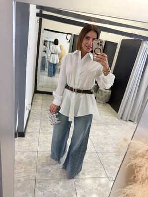 White Long Sleeve Belt Detail Top