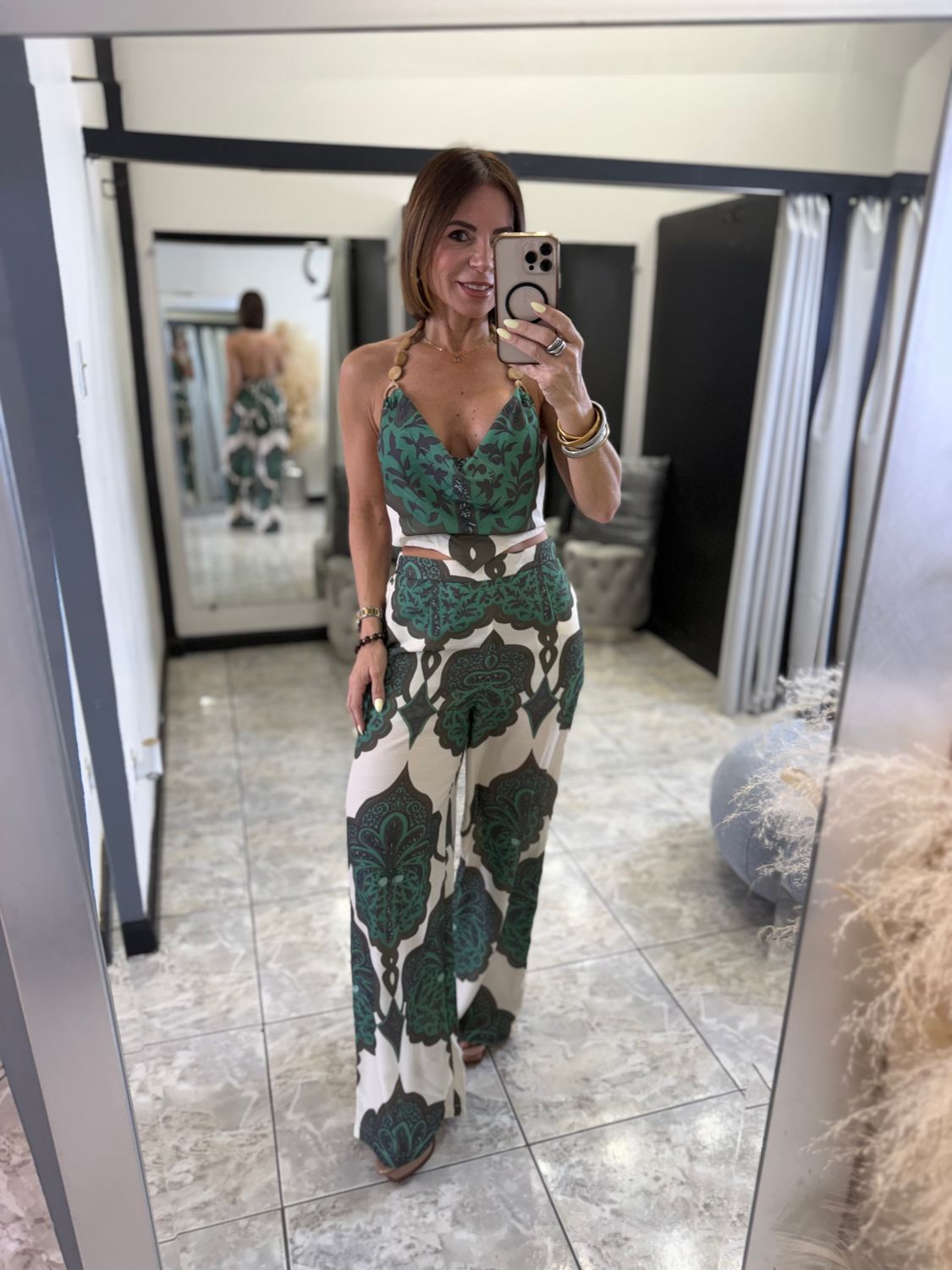 Ivory-Green Print Detail Set