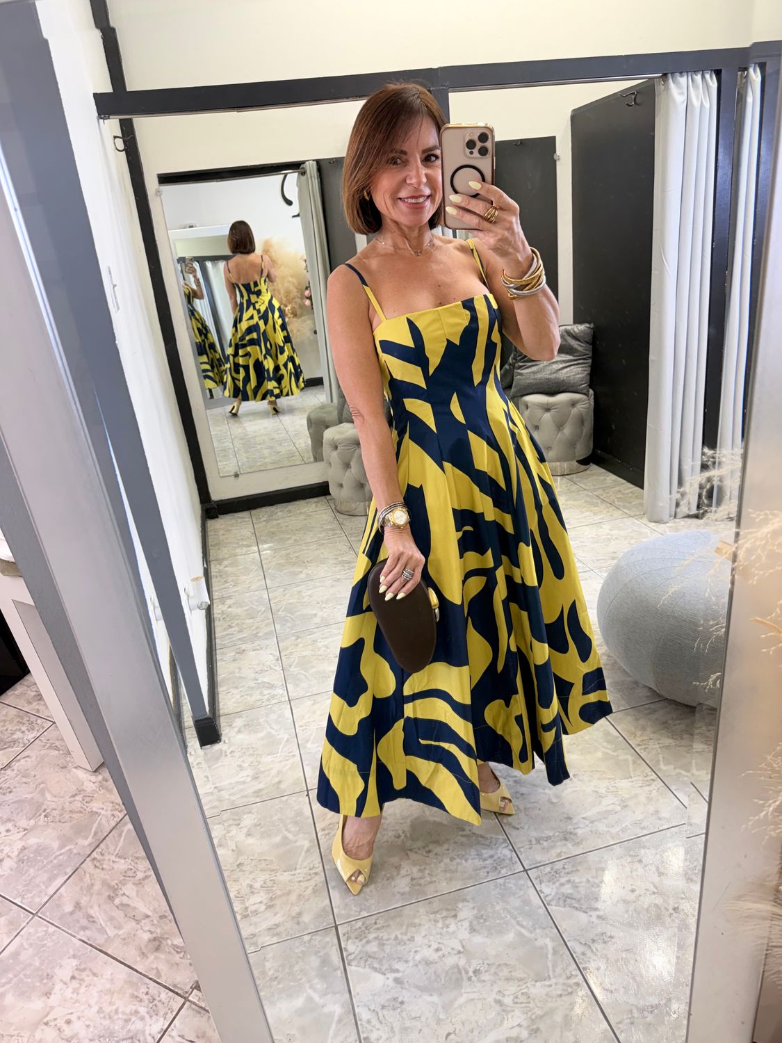 Blue/yellow Abstract Print Midi Dress