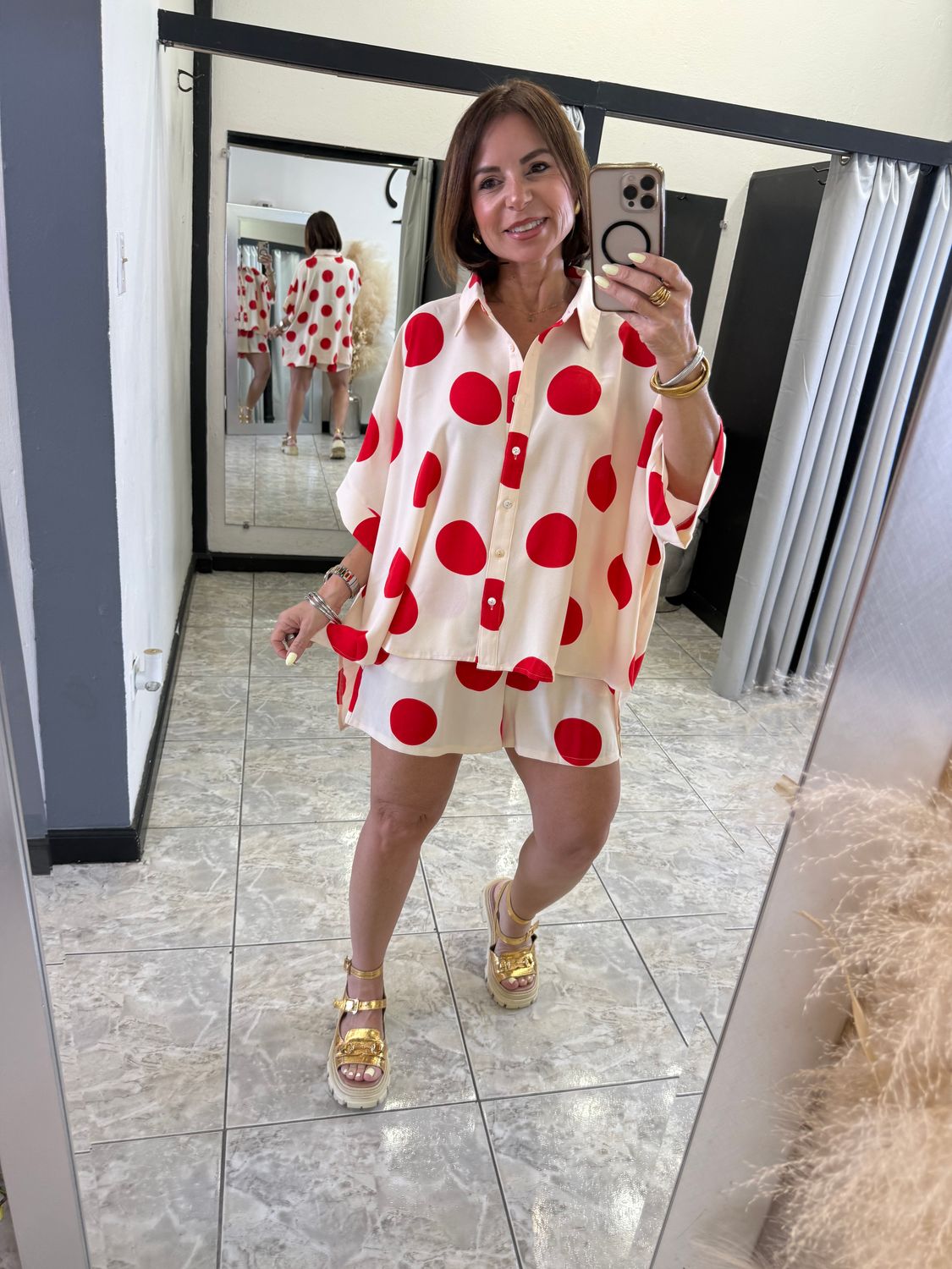 Ecru Red Polka Dots Short Set