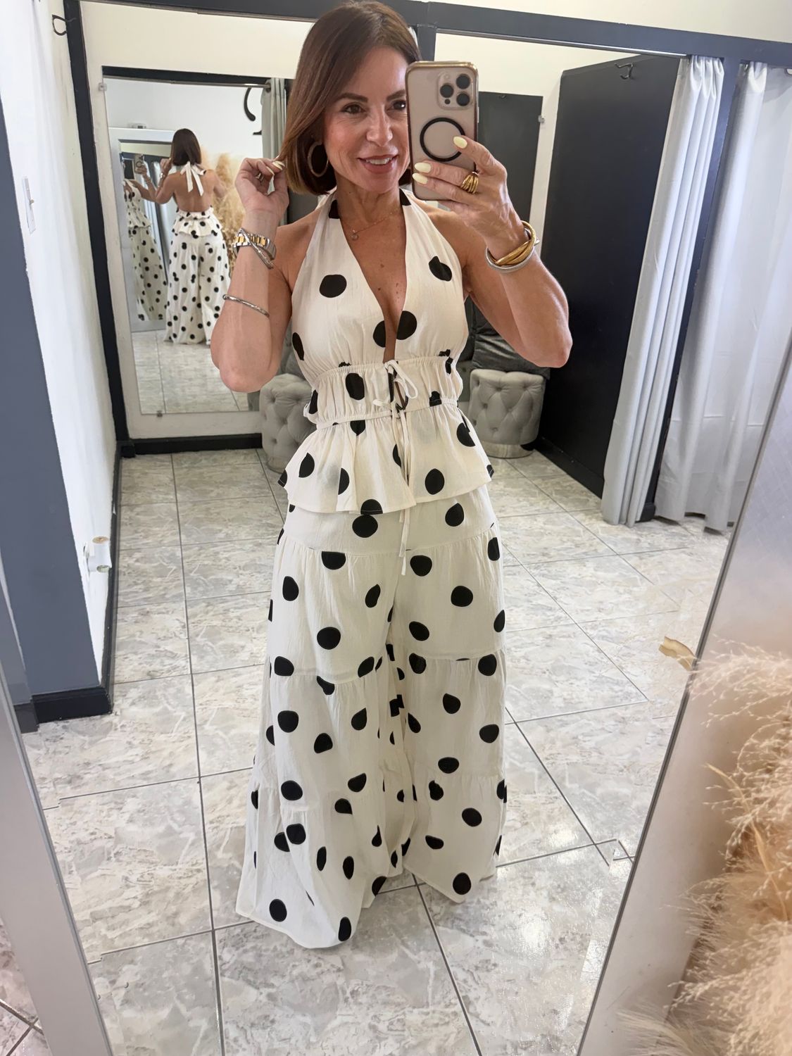 Cream Polka Dots Detail Pant Set