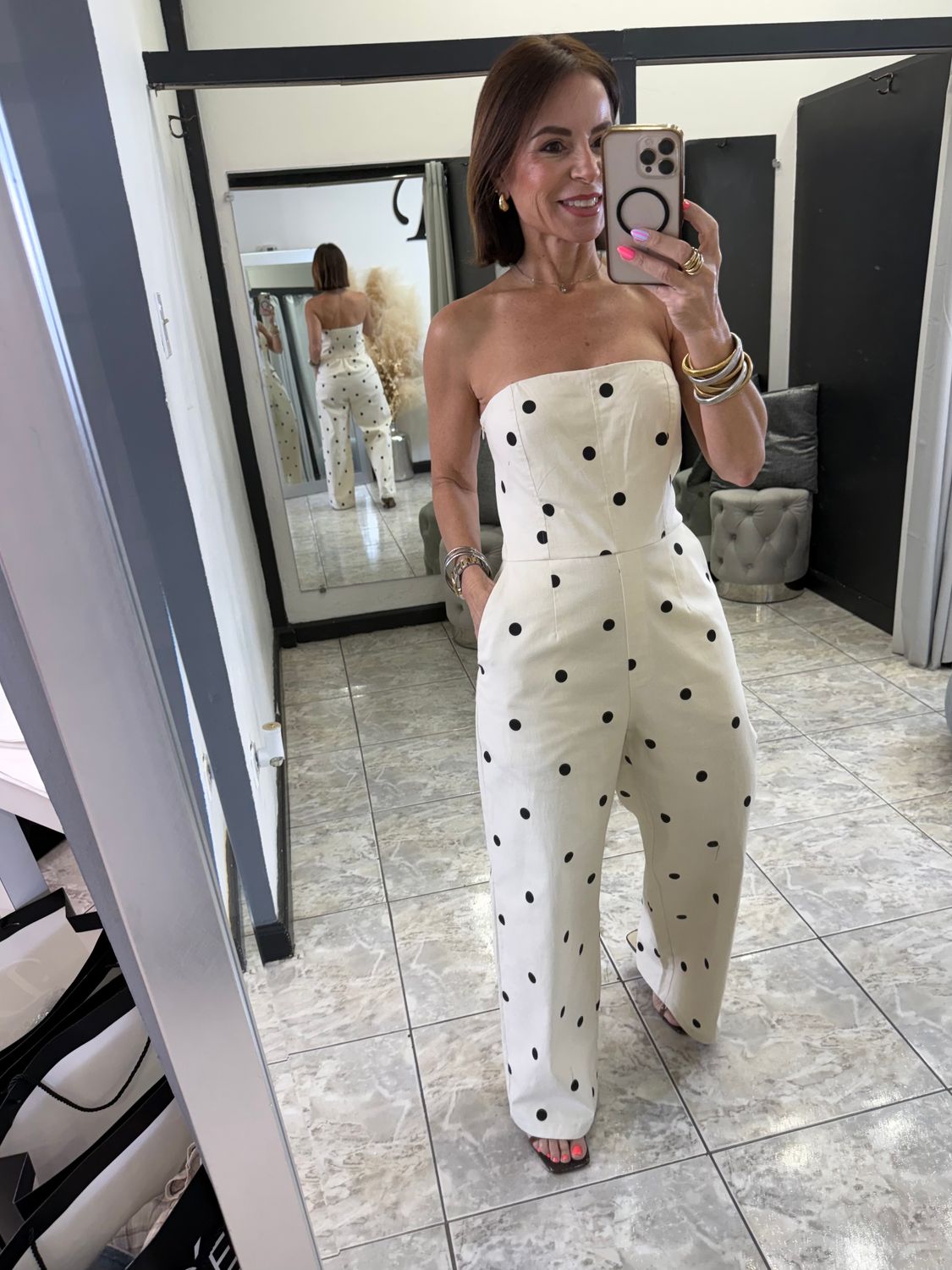 Ivory Denim Polka Dots Jumpsuit