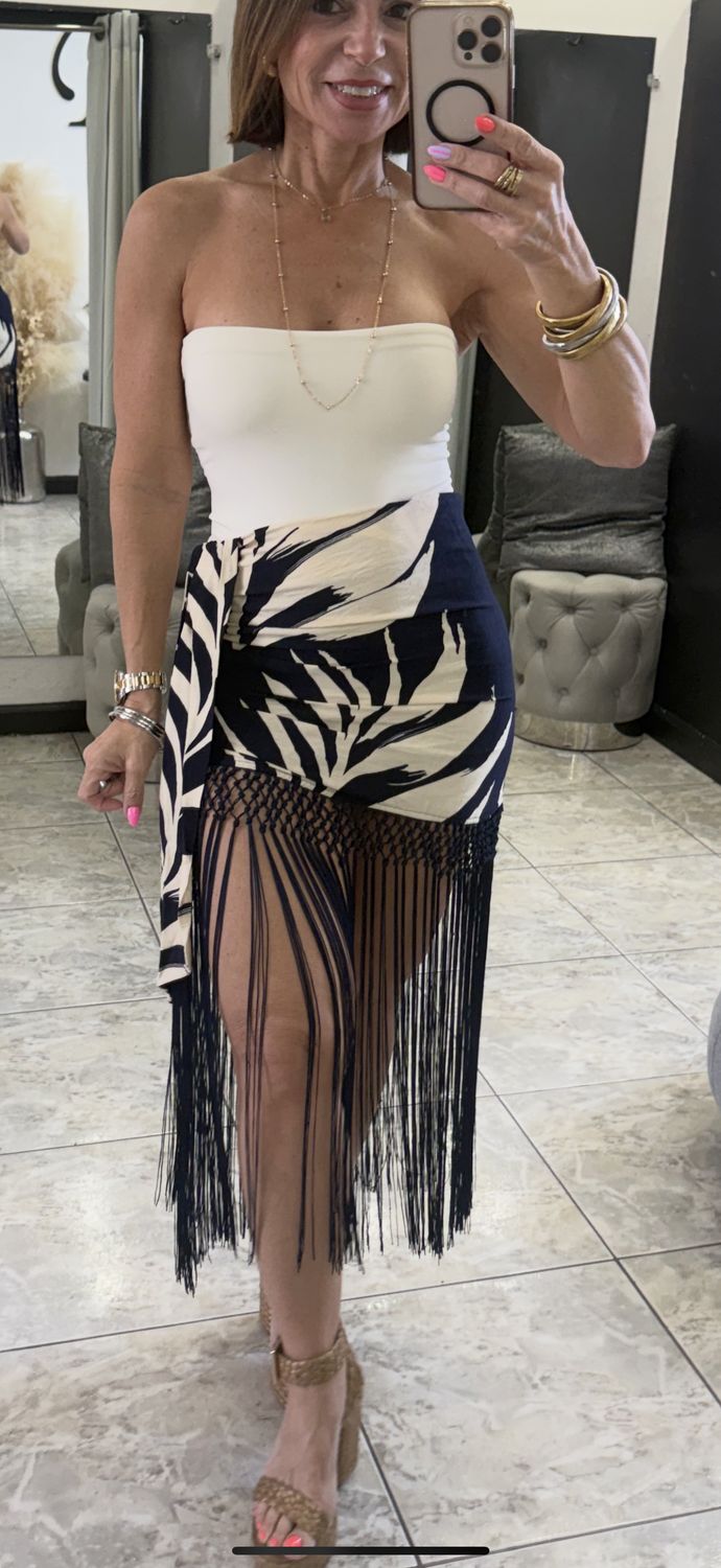 Navy Tropical Print With Net Skirt
