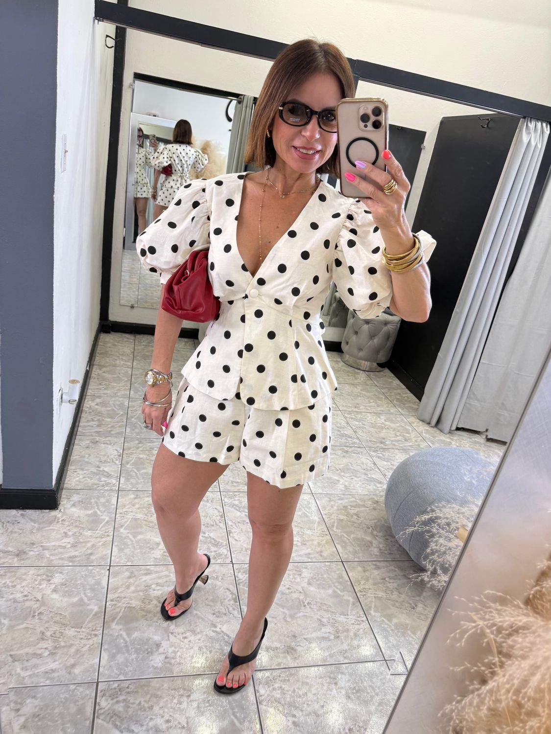 Beige Linen Polka Dots Shorts Set
