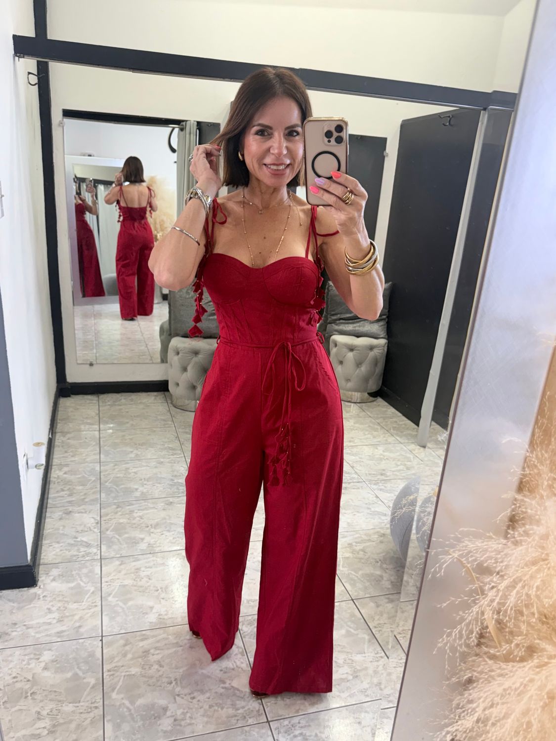Red Linen Petals Details Jumpsuit