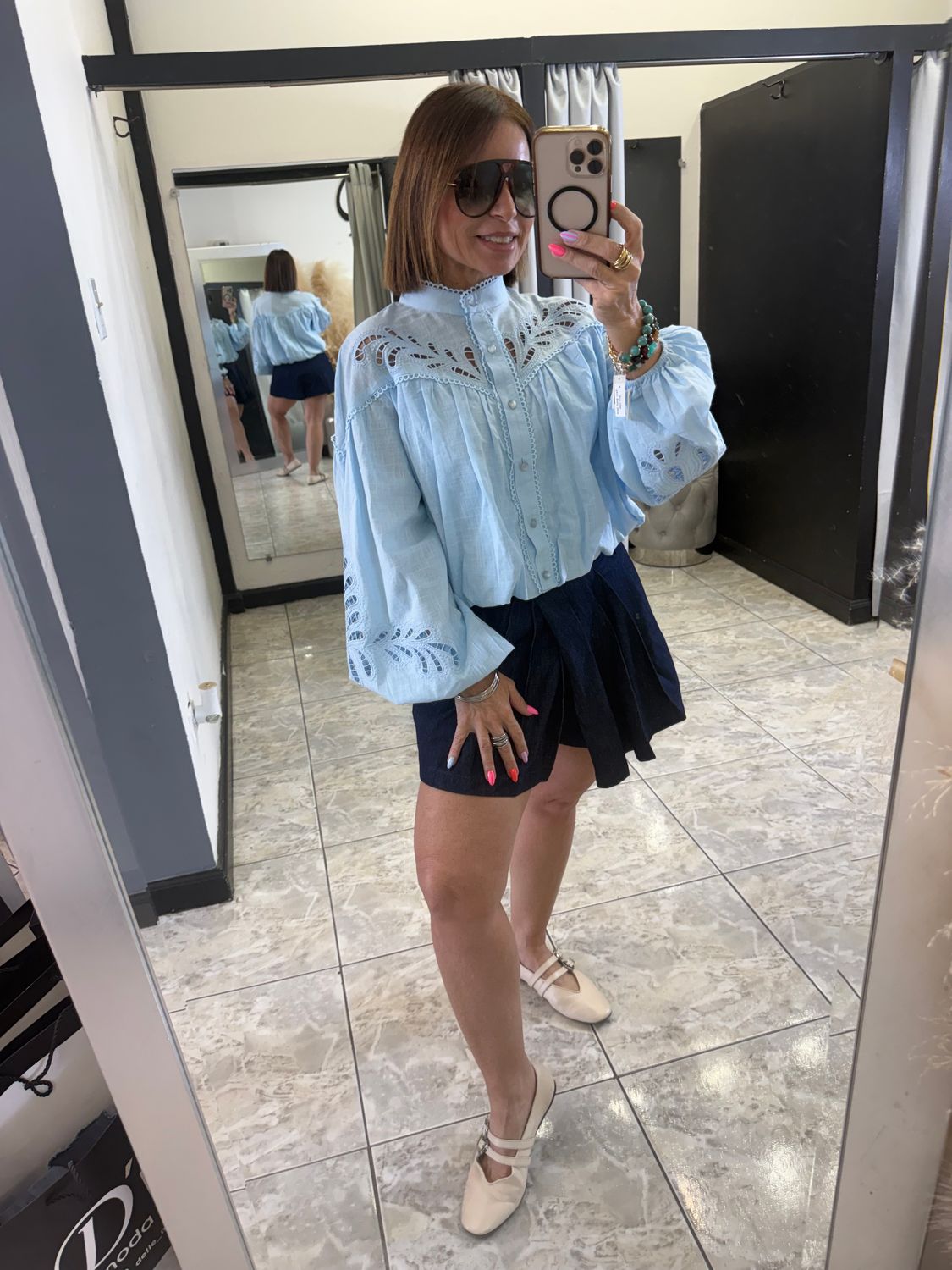Light Blue Eyelet Detail Blouse