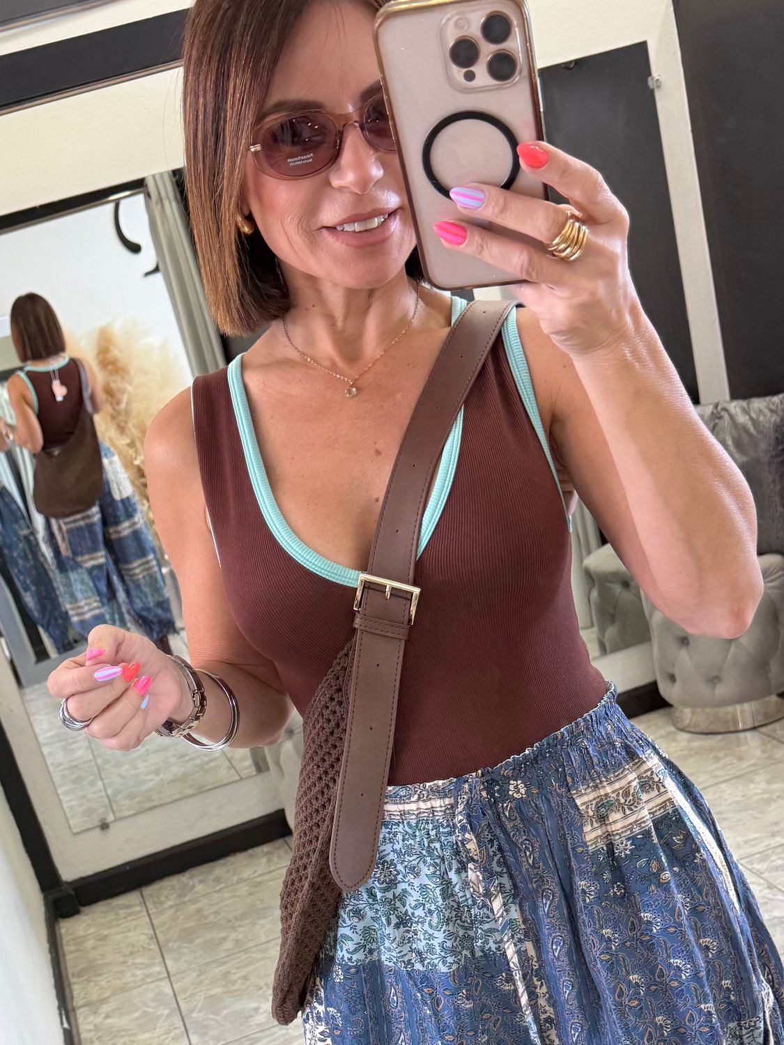 Brown/Mint V Neck Bodysuit