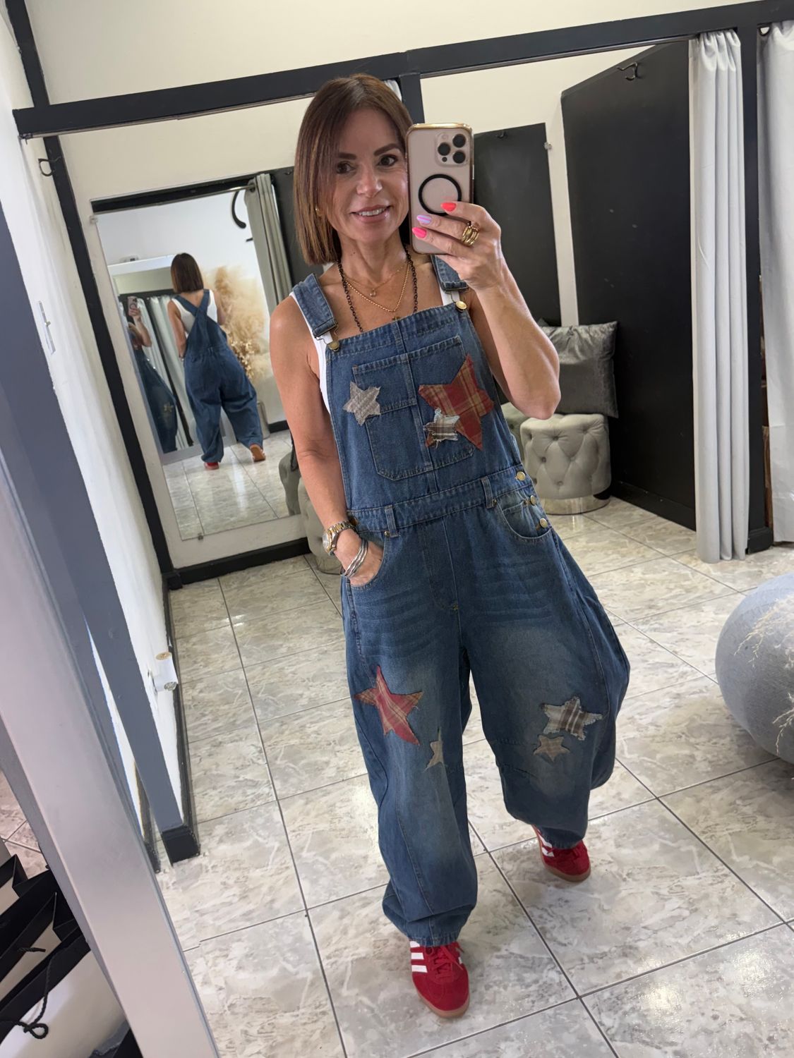 Washed Denim Stars Patch Barrel Overall Jumpsuit