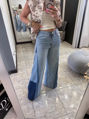 Medium Wash Wide Leg Color Block Jeans