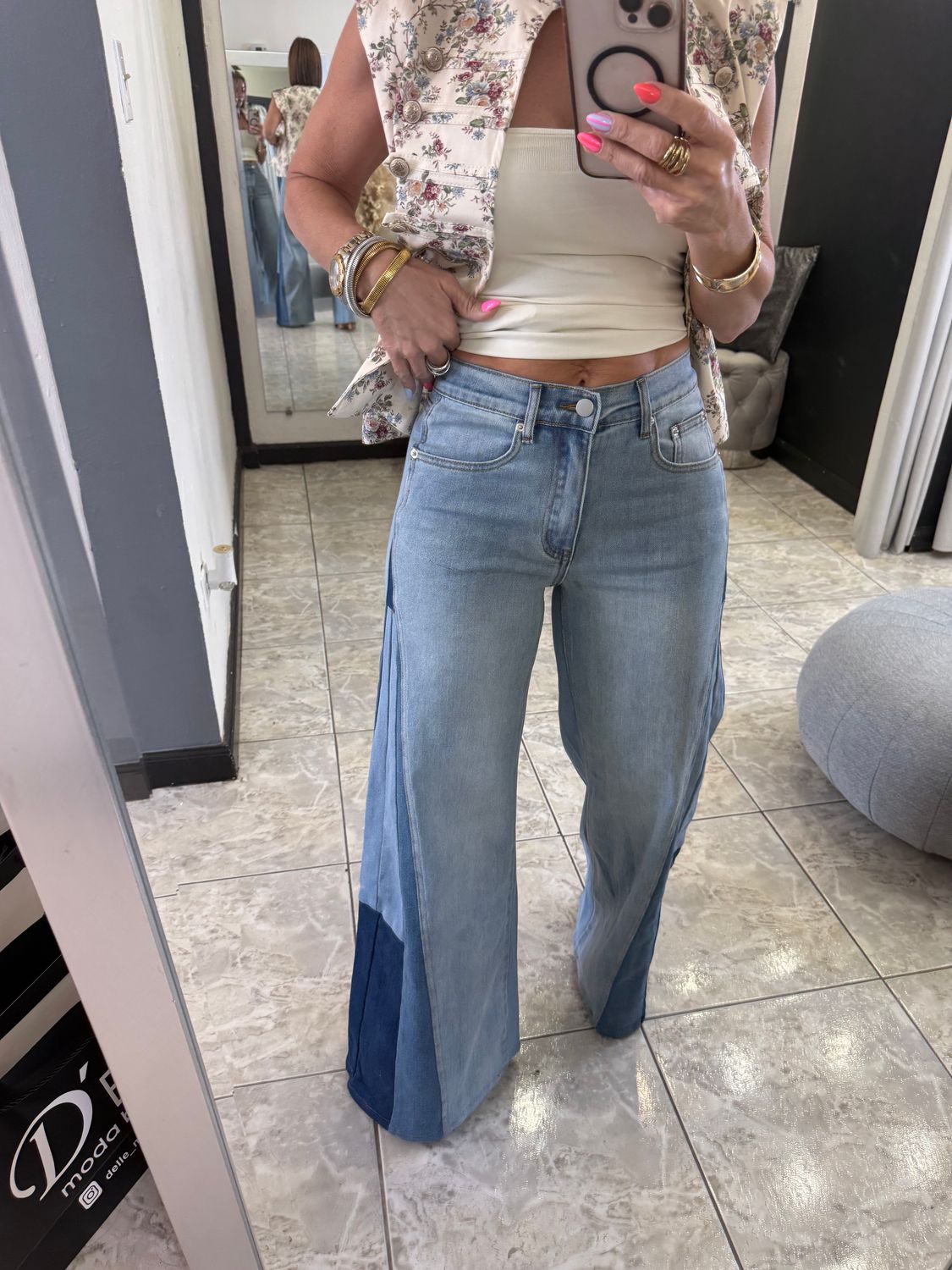 Medium Wash Wide Leg Color Block Jeans
