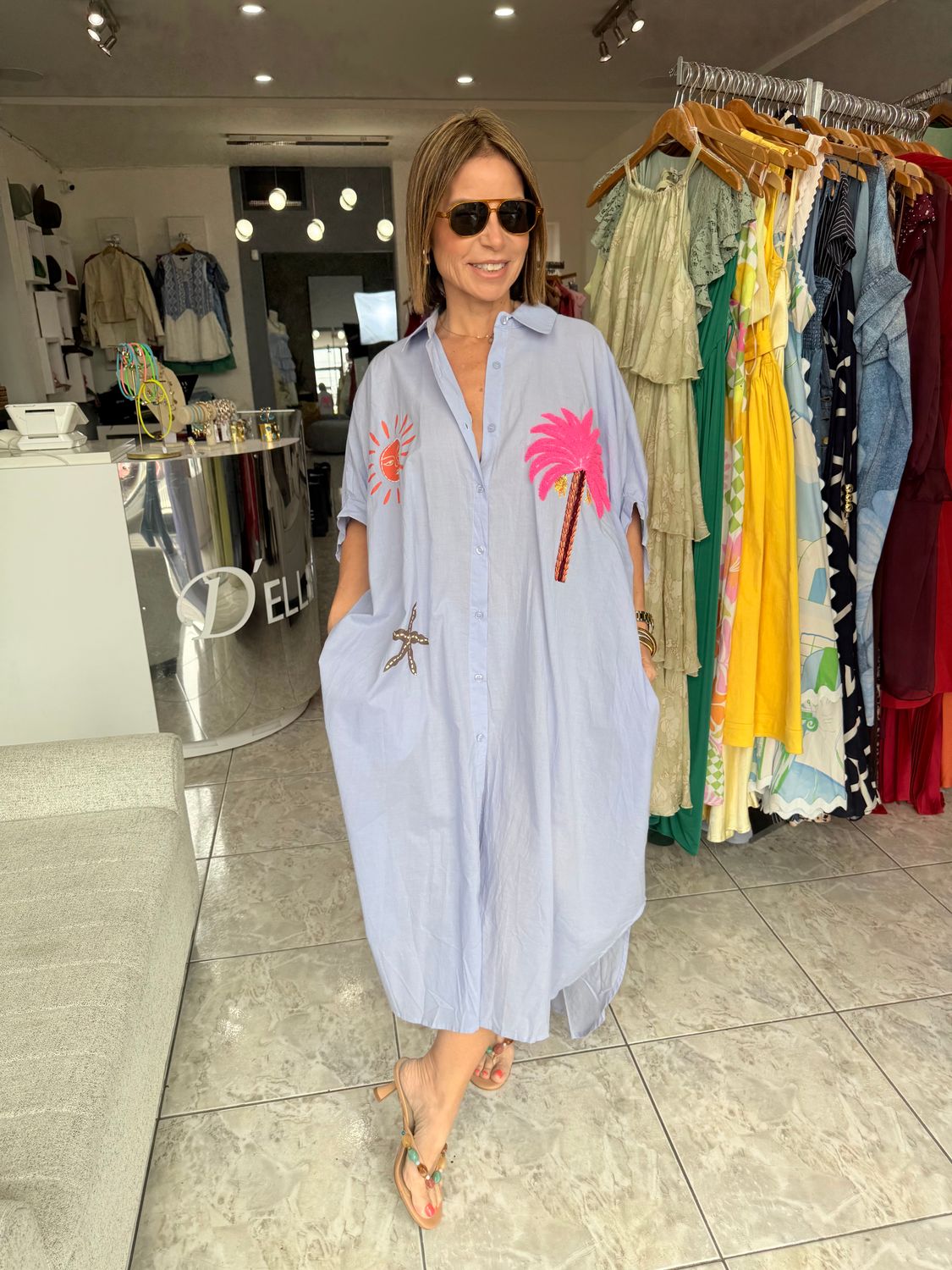 Lt Blue Or Beige Embroidered Palm Tree Dress